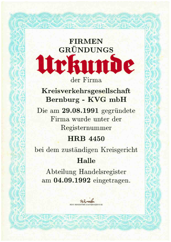 Gründungsurkunde der KVG